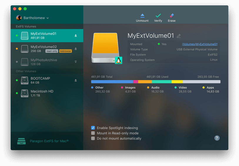 extFS for Mac by Paragon Software. Use Spotlight Indexing to observe free space on extFS volume. Screenshot.