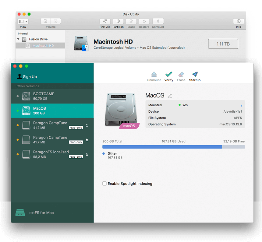 extFS for Mac by Paragon Software. Open extFS formatted drivers on Mac to work with files. Screenshot.